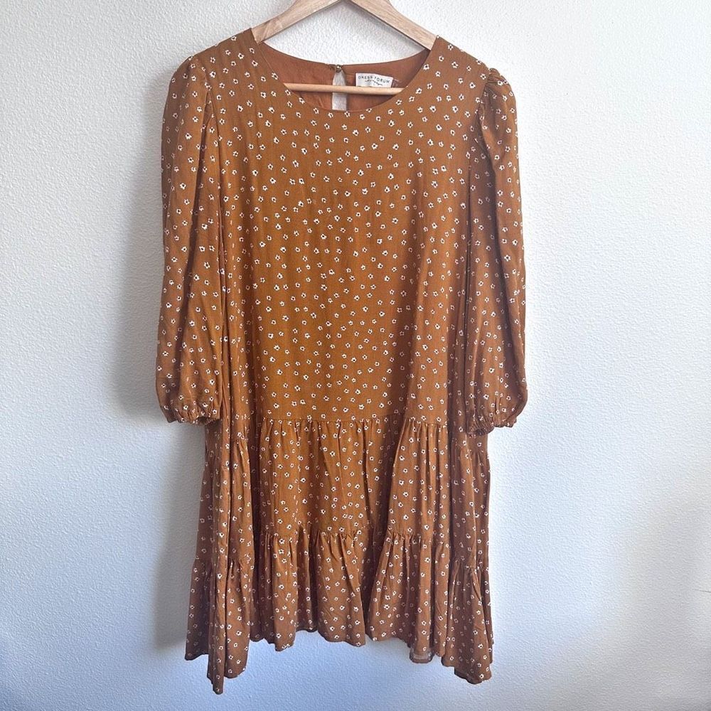 DRESS‎ FORUM LA | Mustard White Floral Balloon Sleeve Dress Tiered | Size Large
